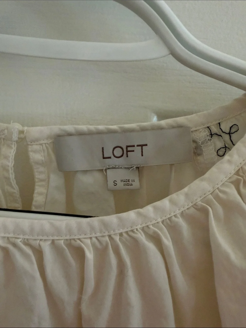 LOFT Cream Peasant Blouse with Black Embroidery